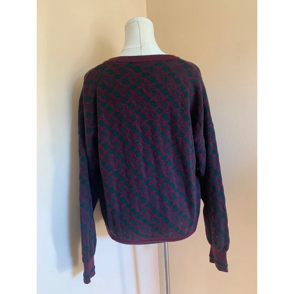 Maglificio Florence Merino Wool V-Neck Sweater XL Burgundy Green Geometric Italy